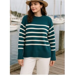 Cozy Womens M Striped Sweater Teal Crewneck Knit Tunic Fisherman Nautical Zesica